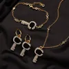 Fashion designer necklace bracelet jewelry set double letter crystal embellished full of diamond key pendant ladies metal chain br2740