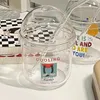 Copos de vinho bonito caneca de vidro bebendo com tampa e palha canecas de café copos bebida ware copo bolha chá ir kawaii conjunto transparente