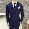 Whole Envmenst Brand High Quality Men's Plaid Suit Set Blazer Vest Pants Groom Double breasted Man Wedding248k