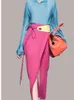 Tvådelad klänning HMA Fashion Runway Summer Womens Blue Kirt Pieces Luft Hög midja Sexig delad Office Work Set 231018