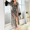 Women's Sleepwear Women Leopard Print Nightgown Sexy Long Sleeves V Neck Nightwear Wraparound Open Front Waist Strap Casual Female Dress