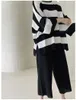 Women's Two Piece Pants Korean Fashion Striped Knitted Sets For Women Autumn Long Sleeve O-neck Pullover Sweater Wide Leg Tracksuit