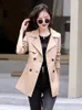 Women's Leather Women Coat Spring Autumn Fashion Turn-down Collar Double Breasted Lace-up Slim Trench Split Outerwear