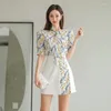 Arbetsklänningar 2023 Summer Geometric Print 2 Pieces Set Women Puff Sleeve Shirts Hög midja en linje Patchwork avslappnade enkla kjolar