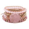 Браслет из натурального камня, розовый кварц, кожаные браслеты для женщин, розовые драгоценные камни, хрустальные бусины, ювелирные изделия в богемном стиле F12112022