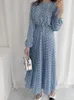 Casual Jurken Koreaanse Stijl Blue Dot Jurk Vrouwen Lace-Up 2023 Lange Mouwen Losse Kantoor Dame Elegante O-hals vestido