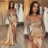 Robe de soirée de forme sirène, paillettes brillantes, en Satin, manches longues, col en V, plissée, robes de soirée formelles, sexy, fente haute, arabe, Aso Ebi, robe de bal CL2787