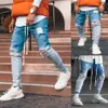 Trendiga män magra jeans cyklist förstörde fit denim rippade denim byxor gradient ankel blixtlås blyertsbyxor hip hop streetwear189q