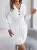 Casual Dresses Loose Knit Sweater Dress Autumn and Winter Women 'Button V-Neck Twists Full Lantern Sleeve Mini Hip Wrapped2024