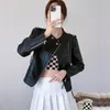 Women's Leather Korean Stand Collar Short Faux Coat Women Autumn Slim Long Sleeve Biker Jacket Female Beige Black Purple Green Outerwear