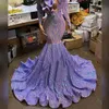 Arabisch Aso Ebi Purple Sexy V Neck Mermaid Prom Dresses lange mouwen Prachtige ruches lovertjes kant Special Ocn avondjurken slanke fit vrouwen formele slijtage Cl2786