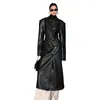 Женский кожаный весенне-осенний роскошный длинный черный облегающий плащ из искусственной кожи для женщин, двубортный двубортный плащ с подплечниками, подиумная мода
