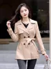 Women's Leather Women Coat Spring Autumn Fashion Turn-down Collar Double Breasted Lace-up Slim Trench Split Outerwear