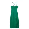 Casual Jurken YENKYE 2023 Dames Vintage Linnenmix Korset Groen Sling Jurk Sexy Backless Split Vooraan Dames Vakantie Zomer Midi Gewaad