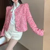 Giubbotti da donna Donne eleganti Giacca di tweed rosa 2023 Autunno Manica lunga Bottoni Bling Moda femminile O-Collo Tasca Cappotti corti