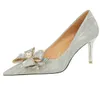 Luxus Frauen Pumpen Perle Strass Bowknot High Heels Mode Hochzeit Schuhe Pailletten Tuch Dame Heels Stilettos