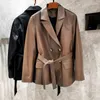 Manteau en cuir de mouton véritable pour femme, veste Blazer Slim avec ceinture, Double boutonnage, mode printemps-automne 2023
