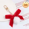 Lovely Big Red Bow Knot Keychain Pompom Hair Ball Ornaments Plush Bag Pendant Accessories Christmas Automotive Interior Gift