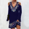 Vestidos casuais vintage impressão fora do ombro feminino elegante estilo étnico queimado manga longa ondulado v-pescoço boêmio robe roupas femininas