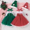 Girl Dresses Infant Kids Baby Christmas Dress With Hat Ruched Fluff Trim Tulle Tutu Santa For Costume Party 1-5T