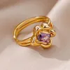 Anéis de cluster roxo zircão flor para mulheres cor de ouro ajustável anel de aço inoxidável em design cristal casal jóias de casamento