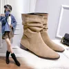 Buty Damskie plisowane Min Calf Knight Autmn Nowy moda Chunky Heel Western Cowboy for Women Flock Ladies Casual Buty 231019