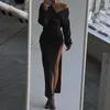 Casual Kleider Schwarz Midi Kleid Schulterfrei Lange Frauen Herbst Winter Hohe Split Bodycon Streetwear Ärmel Weiß Party