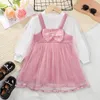 Girl Dresses 2023 Winter Girls Dress Long Sleeve O Neck Mesh Bow Red Pink Cute Designer Princess Vestido 18M-7T