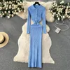 Casual Dresses Korean Chic Autumn Winter French Style Lapel Single Breasted Knit Dress for Women Midje Slimming Show Thin Bodycon Sticked