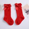 Детские носки, 5 пар слотов для маленьких девочек, хлопковые мягкие гетры принцессы, однотонные, средней длины, до колена с бантом, для новорожденных 231019