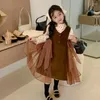 Robes fille bébé automne hiver Vintage velours côtelé gilet robe enfants décontracté mignon princesse maille nœud Patchwork a-ligne sans manches fête