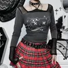 Women's T Shirts Goth Kitty Printed Lace Patchwork Long Sleeve T-shirt Y2K Aesthetic Sexy Halter Lace-up Corset Top For Women Fashion Tees