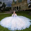 2024 فاخرة السماء الزرقاء الأميرة Quinceanera فساتين الديكورات الزائفة ريشة الحفلات ثوب تول أناقة حلوة فيديدو دي 15 16 أنوس