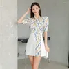 Arbetsklänningar 2023 Summer Geometric Print 2 Pieces Set Women Puff Sleeve Shirts Hög midja en linje Patchwork avslappnade enkla kjolar