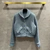 Women's Jackets Blue Plaid Woven Round Lapel Collar Tweed Coat High-end Small Fragrant Short Woolen Jacket