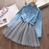 Vestidos de menina meninas vestido outono dos desenhos animados manga longa denim bordado malha crianças vestidos roupas 3 7y