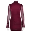 Elegant Turtleneck Sheer Long Sleeve Sexig miniklänning för kvinnor Fashion Two Layer Mesh Bodycon Club Party Dress Vestidos