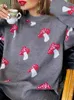 Femmes tricots t-shirts champignon imprimé pull pull femmes automne à manches longues Oneck élégant femme chandails 2023 mode décontracté dame vêtements 231018