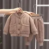 Clothing Sets Autumn and winter children's letter suit 0-5 years old baby long sleeved trousers two-piece plush warm cotton padded jacket 231019