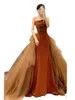 Runway Dresses Luxury Caramel Evening Dress Strapless Mermaid Pleated Satin Bow Detachable Train Lace Up Prom Gowns Toasting Clothing