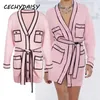 Pink Long Sweater Cardigans Runway Fashion V-Neck Long Sleeve Pocket Elegant Christmas Clothes with Sashes Sticked Outwear 210714341J
