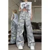 Damenjeans Hellblau Camouflage Harajuku Washed Cargo Damen Y2k Baggy Street Straight Wide Leg Drop Feeling High Waisted