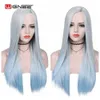 Perruques synthétiques Wignee blanc à bleu perruque synthétique longue ligne droite partie latérale cheveux Bundle avec fermeture jeu de fête de perruques pré-colorées 230227