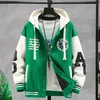 Mens Jackets Spring Hooded Baseball Harajuku Pattern Letter Tryckt lapptäcke Rockar Hip Hop Casual Loose Varsity Jacket Unisex 231018