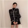 Womens Jackets Korean Luxury Designer Wool Coat Women Black Vintage V Neck Plaid T Golden Buttons Elegant Office Lady Outwear