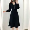 Vestidos casuais vintage uma peça coreano vestido plissado manga longa magro mulher camisola de malha elegante midi festa outono n16