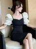 Vestidos de festa verão mulheres midi vestido elegante vintage painéis gola quadrada puff manga envoltório hip bodycon magro fenda robe escritório vestido