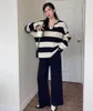Women's Two Piece Pants Oversized Knitted Set For Women Autumn Winter Striped Casual Loose Sweater High Waist Wide Leg Sets Tracksuit