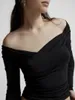 Women's T Shirts RUEWEY Women S Off Shoulder Slim Fitted Crop Tops Long Sleeve Solid Color Basic T-Shirts Y2k Skinny Blouse Streetwear