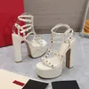 Fashion Platform Heel Sandals Women Classic Rivet Decoration Leather Fine Strap Buckle Square Toe Luxury Designer shoes 15.5cm Ultra High Heel Dress Shoes